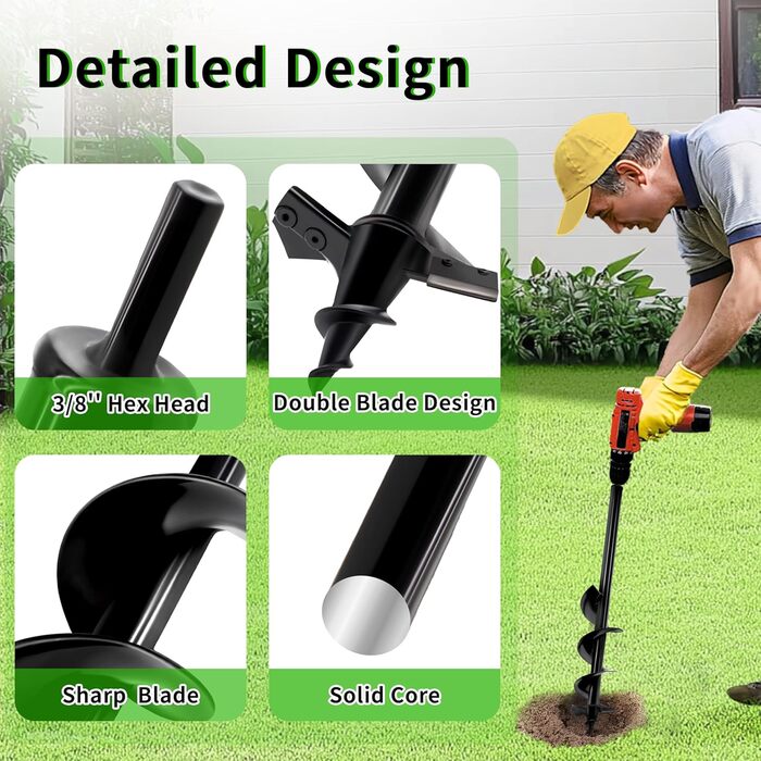 Бурильний свердло SYITCUN 10x60 см для твердого та кам'янистого ґрунту, важкий бур для посадки рослин з подвійним заточуванням, садовий спіральний бур та копач ям, сумісний з патронами 3/8 з шестигранним хвостовиком
