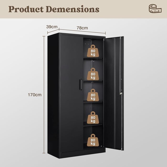 Шафа для документів, що замикається, з 2 дверима, металева шафа, сталева шафа, багатоцільова шафа, металева офісна шафа, регульовані полиці, шафа для зберігання речей для офісу, дому, гаража, 170x78x39 см, чорна