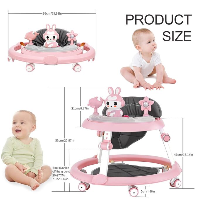 Дитячі ходунки 3 в 1 з килимком на підлозі, шасі з 6 коліс та захистом від перекидання, регульована висота, ходунки з музичним підносом та іграшками, складаються для зручного зберігання, ідеально підходять для хлопчиків, рожеві
