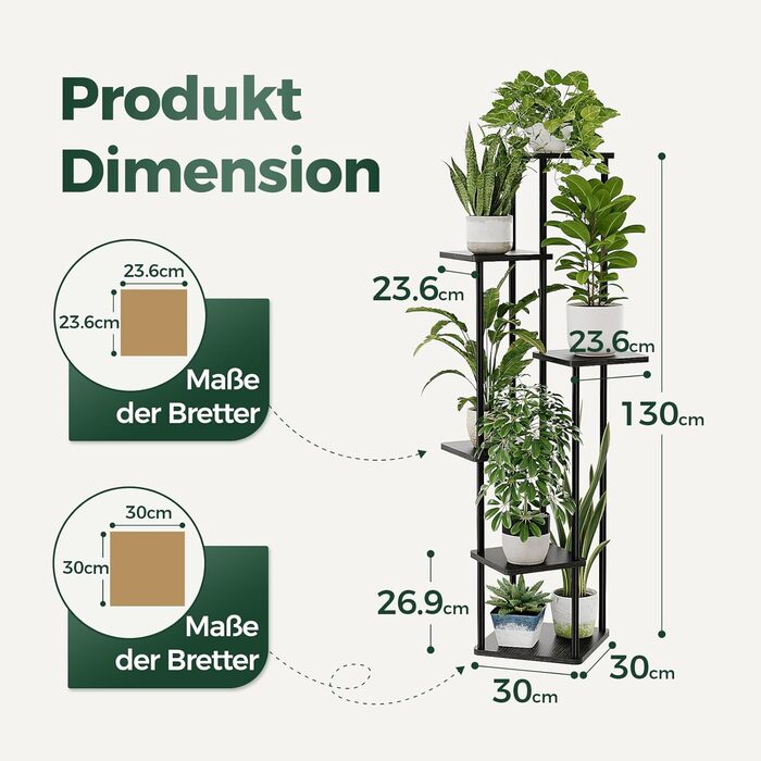 Висока підставка для квітів Bamworld Black Металева підставка для рослин з 6 ярусами Компактна полиця для рослин для вітальні, балкона та кута Квітковий табурет та декоративна полиця для використання в приміщенні, 6 ярусів Чорний дуб