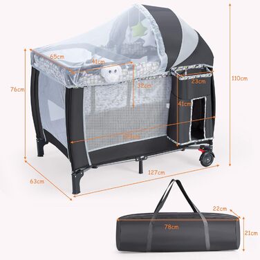 Складане дорожнє ліжечко COSTWAY 3 в 1, пеленальний столик та манеж зі знімною та регульованою москітною сіткою, включаючи музичний мобіль, ігрову арку, пеленальний килимок, матрац, органайзер для підгузків та сумку для перенесення