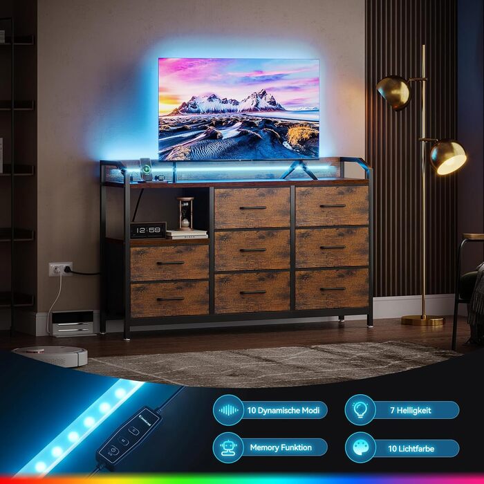 Комод ODK, шафа з шухлядами та світлодіодною стрічкою (10 регульованих кольорів), 2 розетки USB та 2 розетки змінного струму, 8 тканинних шухляд, комод для вітальні/спальні, 110*30*88 см, вінтажний