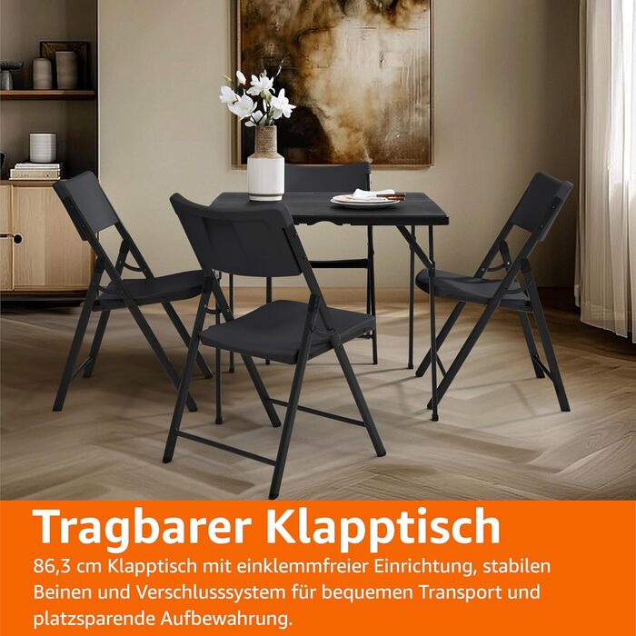 Складаний стіл Storeo Basics, квадратний, з ручкою для перенесення, для використання в приміщенні та на вулиці, портативний, легкий, дорожній стіл, для пікніка, кемпінгу, чорний, 86,1 x 86,1 x 73,9 см