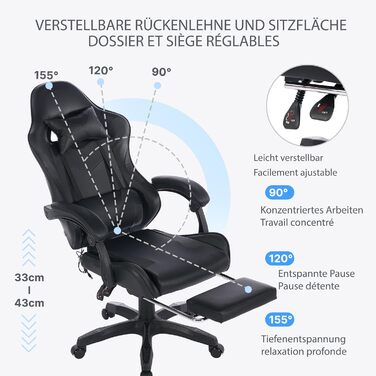 Шкіряне ігрове крісло, поворотне на 360 та ергономічне, з підголівником, поперековою опорою та підставкою для ніг, чорне