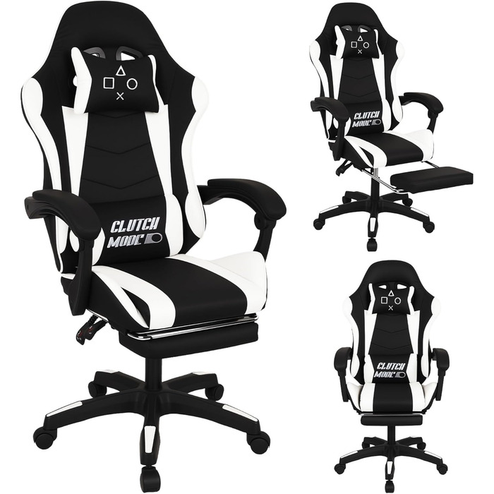 Ергономічне ігрове крісло FRANKYSTAR Clutch, офісне крісло з поперековою подушкою, підголівником та підставкою для ніг з ПВХ, чорно-біле