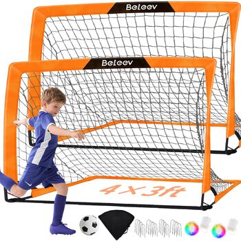 Дитячі футбольні ворота BELEEV для саду 4x3/6x4 фути, високоякісний портативний складний комплект футбольних воріт зі світлодіодними ліхтарями, скловолокнистими стійками, сумкою для перенесення, для тренувань у приміщенні та на відкритому повітрі, подарун