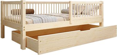Дитяче ліжко 80x160 з шухлядою - Нефарбоване дерев&39яне ліжко - Односпальне ліжко для дітей з рейковою основою та знімними захисними поручнями - Вантажопідйомність до 100 кг - виготовлено з сосни 1 класу 80x160 Нефарбована деревина