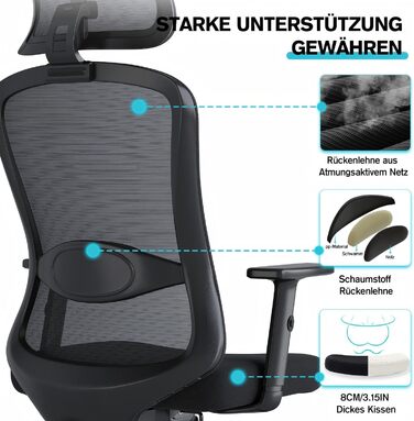 Ергономічне офісне крісло, обертове крісло з поперековою подушкою з пінопласту, офісні крісла з регульованими 2D підголівниками та підлокітниками, крісло для керівника до 150 кг/330 фунтів (чорне)