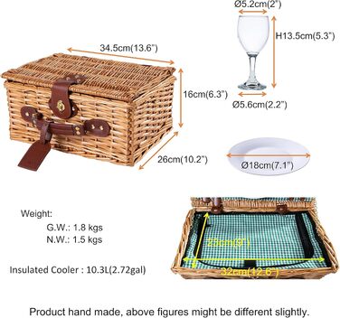 Кошик для пікніка ручної роботи на 2 персони з відділенням-холодильником, багатофункціональним ножем, столовими приборами з нержавіючої сталі, порцеляновими тарілками та келихами ЗЕЛЕНИЙ