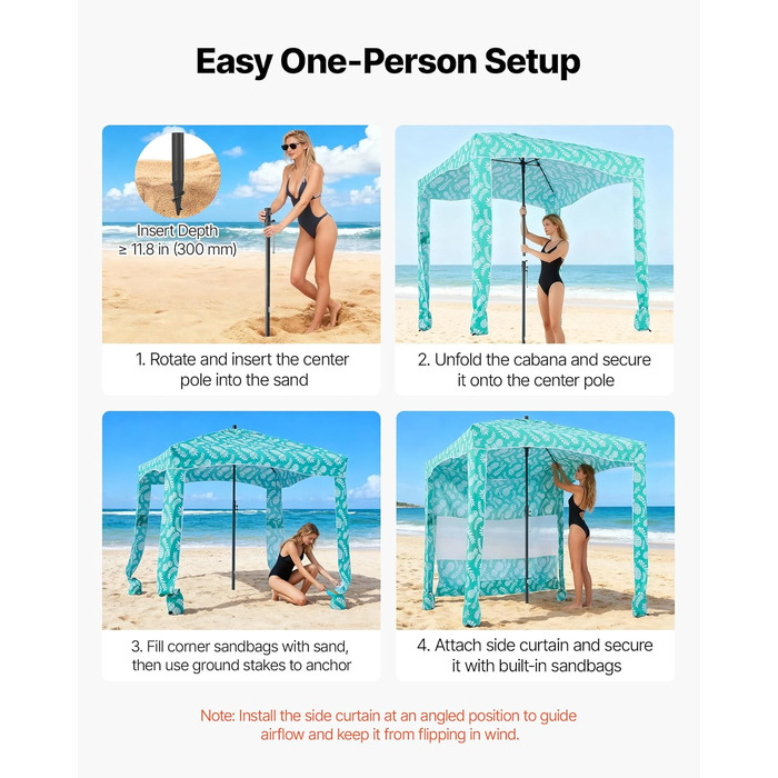 Пляжний навіс VEVOR 183 x 183 см з бічною стінкою, захист від сонця UPF 50, пляжний павільйон з мішками з піском, портативна парасолька від сонця для всієї родини та друзів, світло-зелений візерунок 6*6