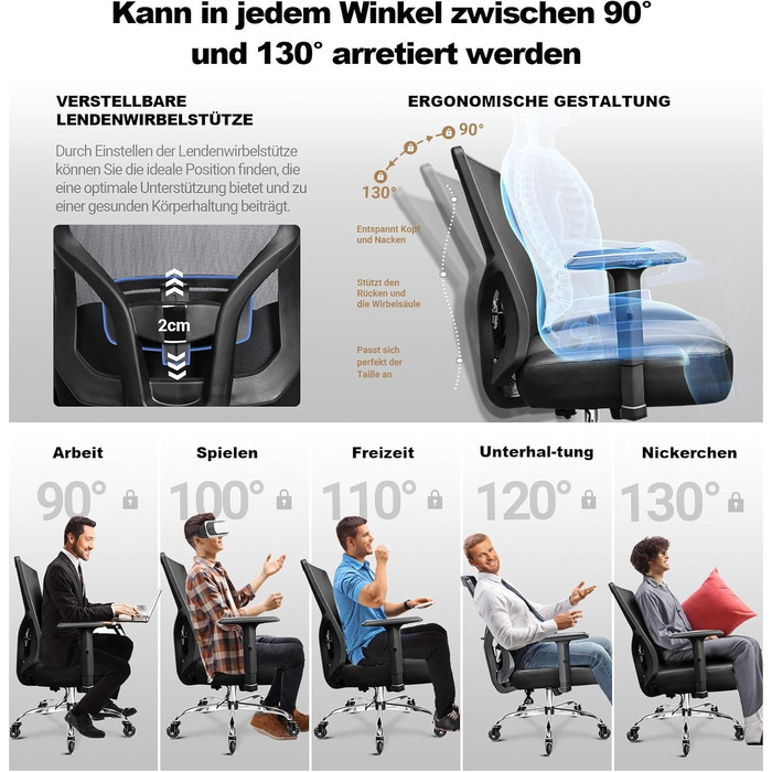 Офісний стілець 200 кг XXL, надзвичайно широке та надзвичайно товсте сидіння з пружинним сердечником, гумові ролики, регульована поперекова опора, безступінчасте блокування нахилу, ігровий та офісний поперекова подушка в комплекті Чорний - подушка сидіння