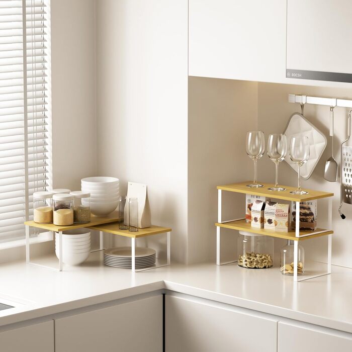 Бамбукова підставка для спецій CADUKE, 4-елементний органайзер для шафи, кухонний органайзер з металевим каркасом, кухонна полиця для шафи, стільниці, шафи, білий