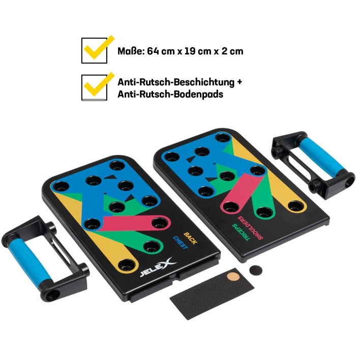 Дошка для віджимань від грудей JELEX Tornado, багатофункціональна фітнес-дошка, 64 см x 19 см, включаючи 10-тижневий план тренувань із суперсетами/посібник тренера (ABS-пластик) з протиковзкими накладками