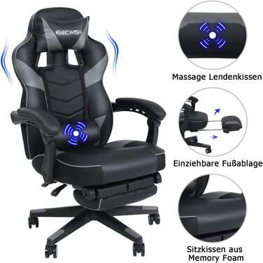 Ігрове крісло Fullwatt, ергономічне офісне крісло для гонок з функцією масажу, підставка для ніг, регульована спинка 90-150, знімний підголівник та поперекова опора, шкіра штучна, сірий та чорний, для дорослих