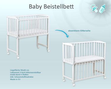 Дитяче ліжечко, біле, 90x40 см, дитяче ліжко/колиска, регульована по висоті, мобільне з колесами та матрацом