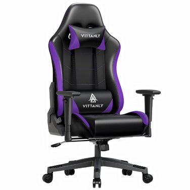 Ігрове крісло Vittanly, ергономічне ігрове крісло з підголівником та поперековою опорою, регульоване по висоті поворотне ігрове/офісне крісло з регульованою спинкою 90-165, вантажопідйомність 150 кг, фіолетове