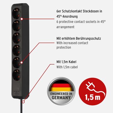 Розетковий подовжувач (багатоконтактна розетка з посиленим захистом від дотиків і кабелем 1,5 м) чорний, 6-