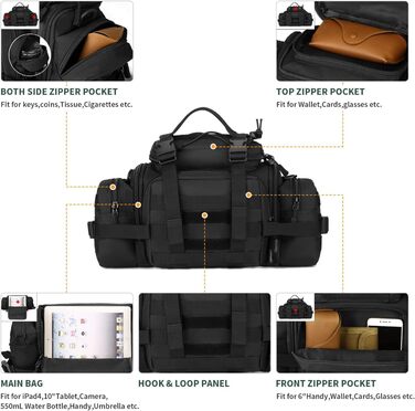 Багатофункціональна поясна сумка Bumbag Military for Sport Outdoor Running Camping Hiking Trekking Black 40*25*18cm, 3Way Belt Bag Waterproof Fanny Pack Tactical Crossbody