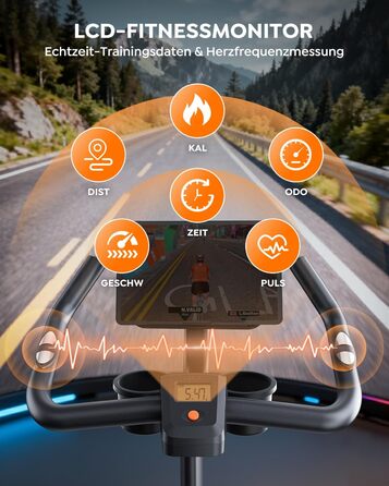 Велотренажер із застосунком, ультратихий, ергономічний дизайн, РК-дисплей з вимірюванням пульсу, магнітний опір, маховик 15 кг, до 160 кг, помаранчевий