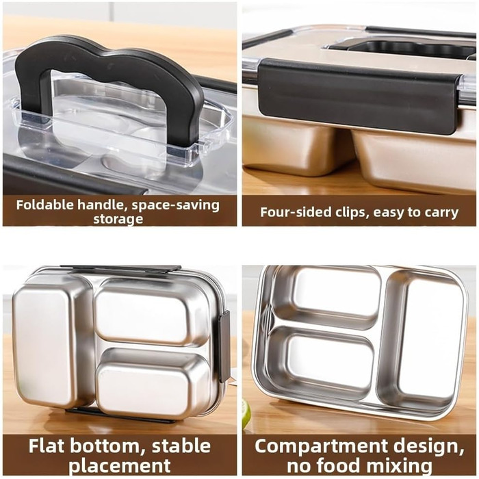 Ланчбокс з нержавіючої сталі, 1800 мл, з ручкою, герметичний, 3 відділення, придатний для використання в мікрохвильовій печі, контейнер для їжі для роботи, школи або пікніків (чорний)