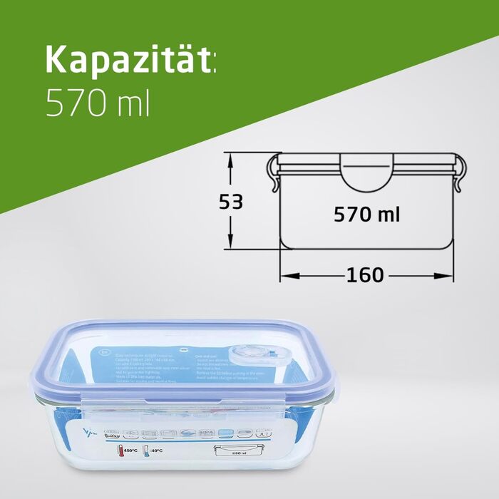 Скляна банка з кришкою 570 мл Герметичний контейнер для харчових продуктів, Модель 300 Скляний контейнер, придатний для мікрохвильової печі, духовки, морозильної камери та посудомийної машини, легко миється. Прямокутна форма 160 x 112 x 53 мм