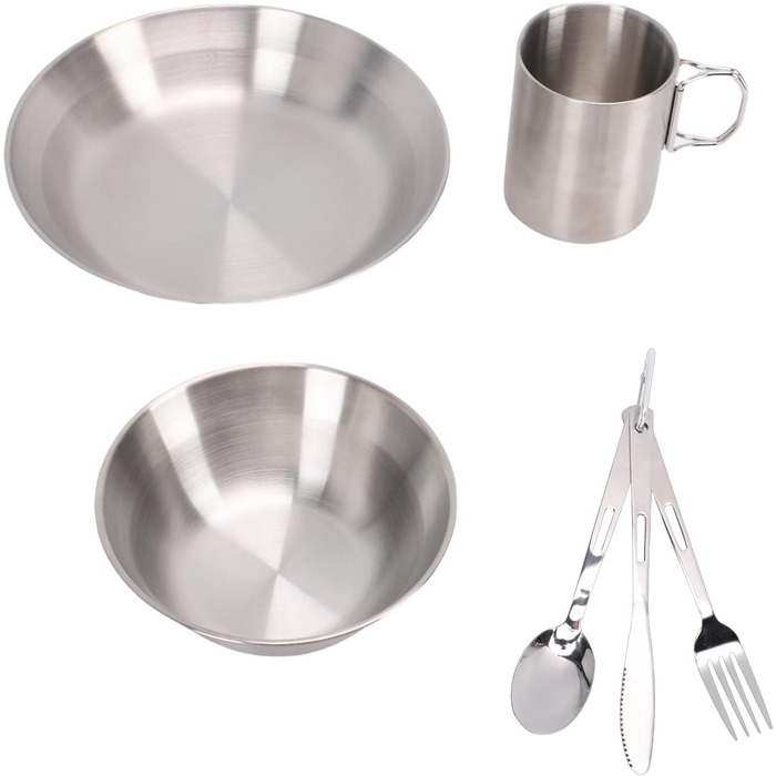 Набір посуду для кемпінгу Drfeify з нержавіючої сталі, портативний, дворівневий, комбінація посуду для пікніків, пляжних вечірок, міцний набір столових приборів для мандрівників, нержавіюча сталь 304, розмір 546 г