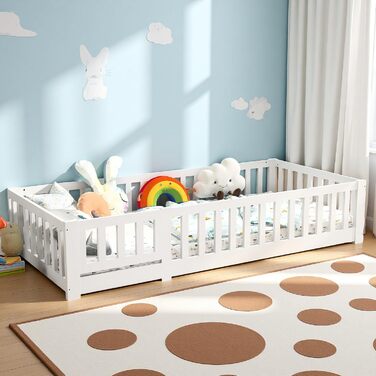 Підлогове ліжко 90x200 см дитяче ліжко із захистом від падіння та рейковою основою, дитяче ліжко Монтессорі, масив сосни, білий (Білий, 90 x 200 см) Білий 90 x 200 см