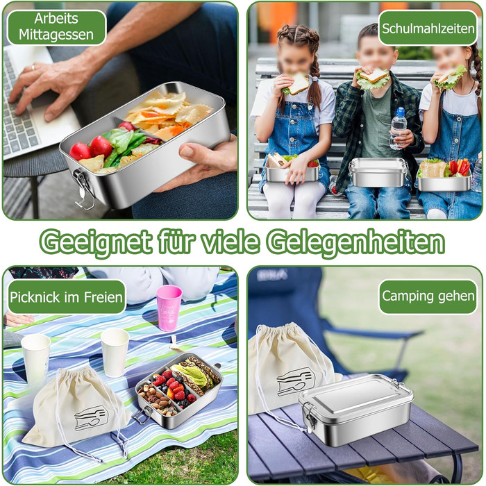 Металева ланч-бокс HaWare з роздільниками, 850 мл. Бенто-бокс з сумкою, для дітей та дорослих, герметичний контейнер для їжі зі знімною перегородкою для офісу/школи/пікніка. Можна мити в посудомийній машині, об'єм 850 мл.