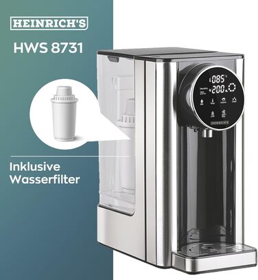 Диспенсер для гарячої води HEINRICHS - гаряча вода одним натисканням кнопки від 40 до 100 C, обсяг води 100 мл-400 мл на вибір, підходить для дитячого харчування, в т.ч. функція очищення фільтр, сенсорний дисплей, 2.7 л Heinrich