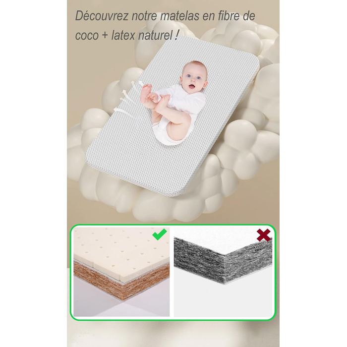 Дитяче ліжечко, безпечний сон, матрац з кокосового волокна, пеленальний столик, легко збирається та складається, портативне ліжечко для новонароджених (Woody)