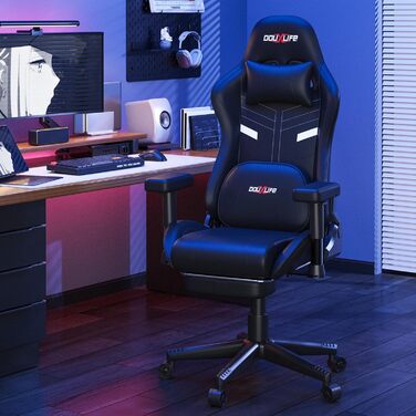 Ігрове крісло Douxlife з функцією розминання, масажу та підігріву, ергономічне офісне крісло з підставкою для ніг, регульоване на 90-175, м&39які 2D підлокітники, ігрове крісло для ПК, 181 кг, чорний колір