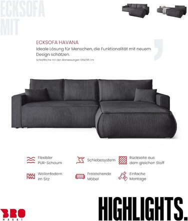 Диван з функцією сну, диван L, засіб для чищення оббивки, диван-ліжко з місцем для зберігання, розкладний диван для вітальні, окремостоячий диван, диван Havana Relax, 3-місний, 270x173x80 см, сірий