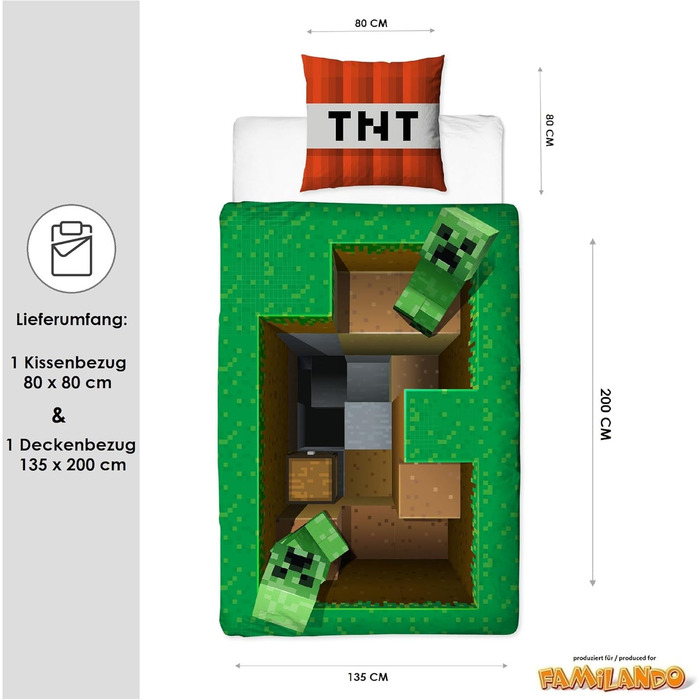 Комплект постільної білизни для хлопчиків Minecraft - дитяча постільна білизна 135x200 80x80 см з 100 бавовни - зелений 3D-мотив з