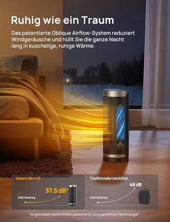 Енергоощадний керамічний обігрівач Dreo Solaris Slim H3 Standard, PTC-нагрівач з осциляцією 70, дистанційним керуванням, таймером на 12 год, 3 режимами та 3 швидкостями, захистом від перегріву та перекидання, сріблястий