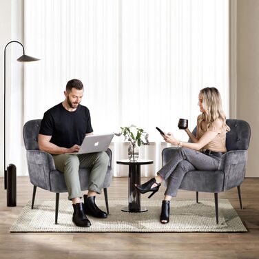 Крісло IWMH для вітальні/спальні, крісло-коктейль Lazy Lounge, зручне з підлокітниками та бічною кишенею, сучасне оксамитове поворотне крісло для читання з металевими ніжками (сіре)