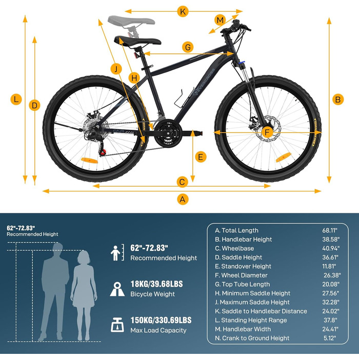 Гірський велосипед EVERCROSS EM3 для дорослих (чоловіків та жінок), 26-дюймовий велосипед, 21-швидкісна система передач, алюмінієва рама з амортизаційною вилкою, всюдихідний велосипед з дисковими гальмами, вантажопідйомність 150 кг EM3-чорний