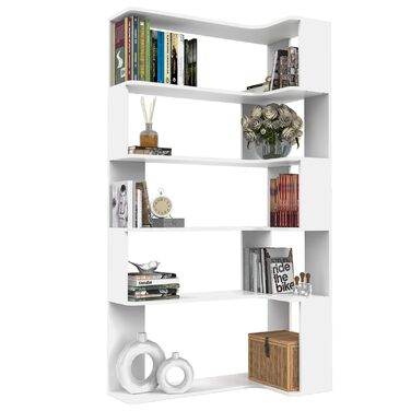 Г-подібна кутова полиця з 5 полицями, велика відкрита окремостояча полиця, кутова книжкова полиця білого кольору для спальні, вітальні, кабінету, 90x48x169 см 90 x 48 x 169 см Білий