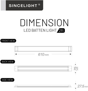 Світлодіодна стрічка SINCELIGHT 18 Вт, вбудована лампа 2 фути (60 см), стельове освітлення або настінний світильник для кухні, гаража, майстерні, ванної кімнати, складу, офісу, магазину, нейтральний білий 4000K, 1 частина нейтрального білого (4000k) 2 фут