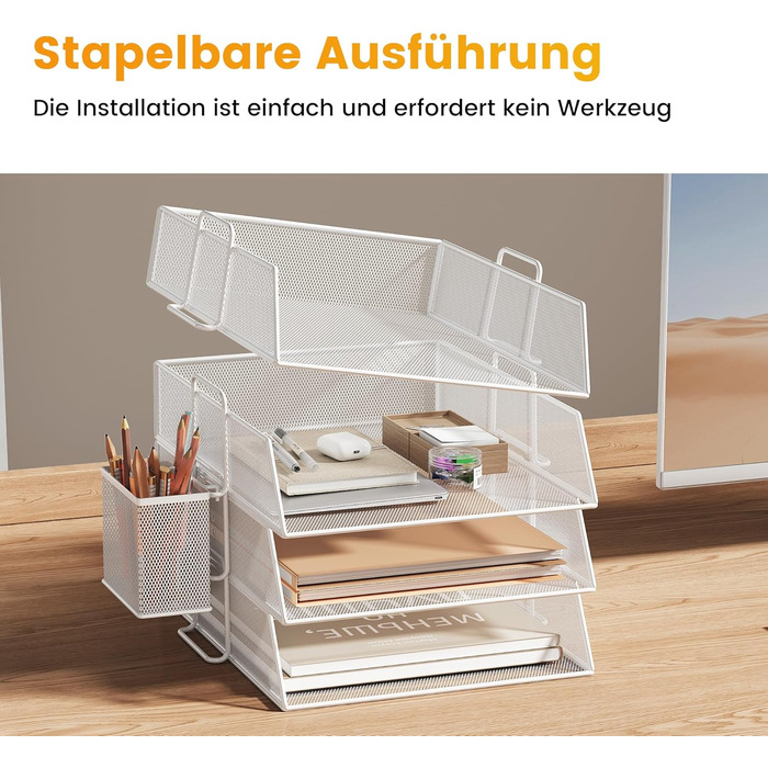 Штабельований лоток для листів, настільний органайзер з 4 тримачами для файлів та 1 тримачем для ручок, для документів A4, металевий офісний органайзер, настільний лоток для офісного документообігу, поштові лотки (білий)