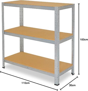Надміцний домашній стелаж, оцинкований/металевий стелаж з 3 полицями/металевий стелаж для підвалу, гаражний стелаж, стелаж для майстерні або стелаж для зберігання/змішаний металевий стелаж з вантажопідйомністю 175 кг В 100см / Ш 110см / Г 30см, 100x110x30