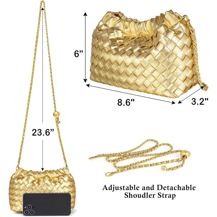 Жіноча сумка-кросбоді Joryin, плетіна, вечірня сумочка, модна сумка-клатч Дамплінг, сумка-хобо Хмара з плетеної шкіри, золота