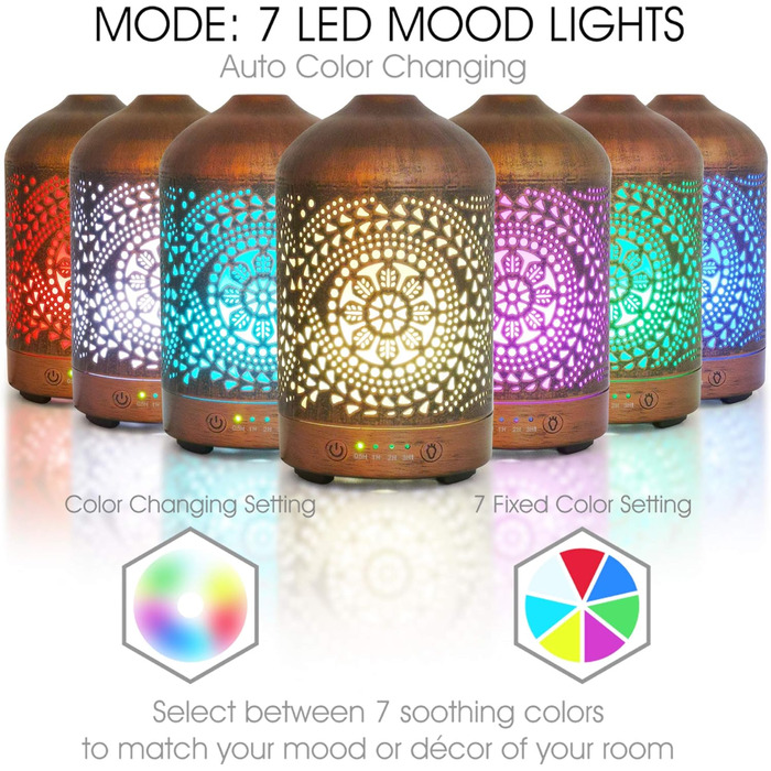 Кімнатний зволожувач повітря для спальні з функцією таймера, освіжувач повітря для квартири з 7 режимами освітлення, електричний металевий дифузор для ароматичних олій, 100 мл