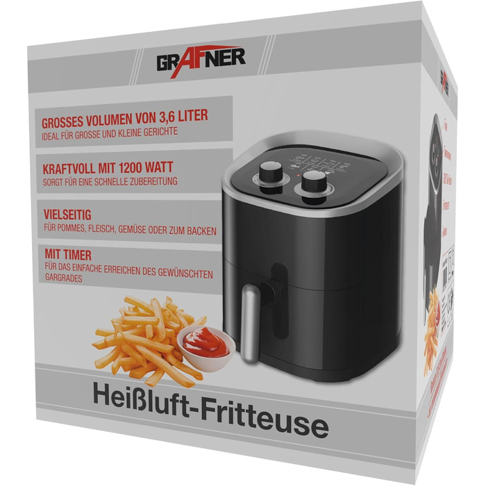 Фритюрниця Grafner XL 3,6 літра, 1200 Вт, система приготування 360, кошик для смаження з антипригарним покриттям, таймер на 30 хвилин, плавне регулювання температури до 200C, фритюрниця без жиру, фритюрниця без олії