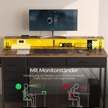 Комп&39ютерний стіл Seventable з розетками та світлодіодним освітленням, ігровий стіл 120 см з 5 шухлядами, ігровий стіл з підставкою для монітора, для офісу, кабінету, спальні, вітальні, вінтажний коричневий, 120 см