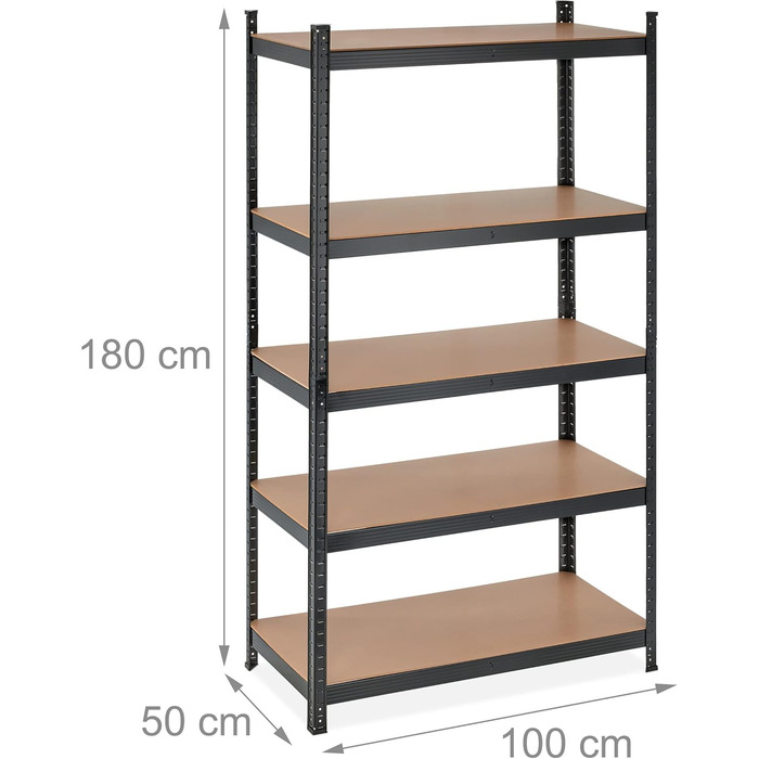 Надміцний стелаж Relaxdays, 5 ярусів, металевий стелаж для зберігання, чорний Розміри 180x100x50 см, вантажопідйомність 1250 кг, для підвалу, гаража