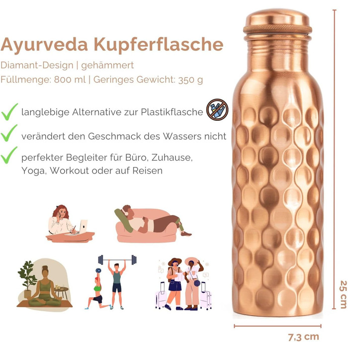 Мідна пляшка Bodhi Аюрведична пляшка для води з чистої міді Пляшка з дизайнерським оздобленням Об&39єм 800 мл Пляшка для води з кришкою-гвинтом та силіконовою пломбою Діамантовий дизайн, кований