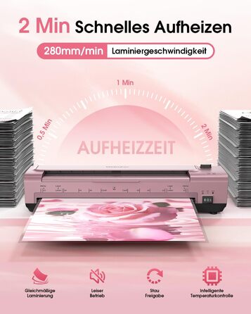 Дюймовий ламінатор A3/A4 з 20 пакетами для ламінування, гарячий та холодний ламінатор, ABS-пластик із захистом від застрягання, 10-в-1 ламінатор з різаком, тримером та закруглювачем кутів для офісу, школи та дому (шовково-червоно-сріблястий), 13-