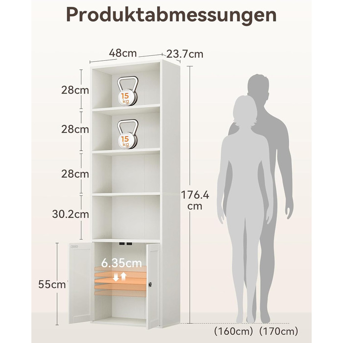 Книжкова шафа Coleshome з дверцятами, 6-ярусна полиця, 48 x 24 x 176,4 см, Полиця для зберігання та демонстрації у вітальні, домашньому офісі, офісі, спальні, біла, 6 ярусів, 48 x 24 x 176,4 см