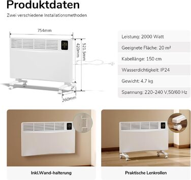 Енергозберігаючий електричний обігрівач EMKE 2000 Вт, розумний електричний конвекторний обігрівач з Wi-Fi та керуванням через додаток, електричний радіатор, окремостоячий або настінний, білий