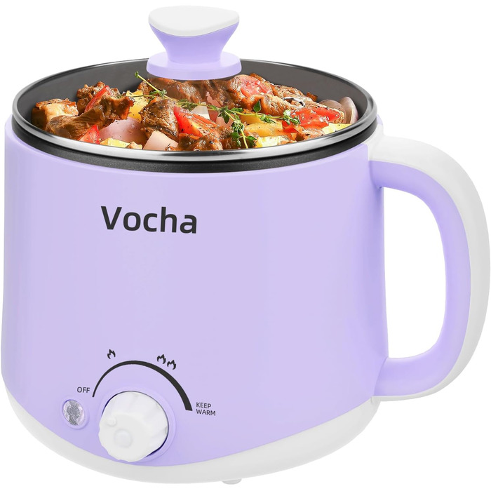 Електрична гаряча каструля Vocha, маленька каструля 1,6 л з функцією підтримки тепла, портативна каструля для швидкого супу, мультиварка для супу/рамену/макаронів/вівсянки/яєць, з подвійною потужністю (фіолетова)